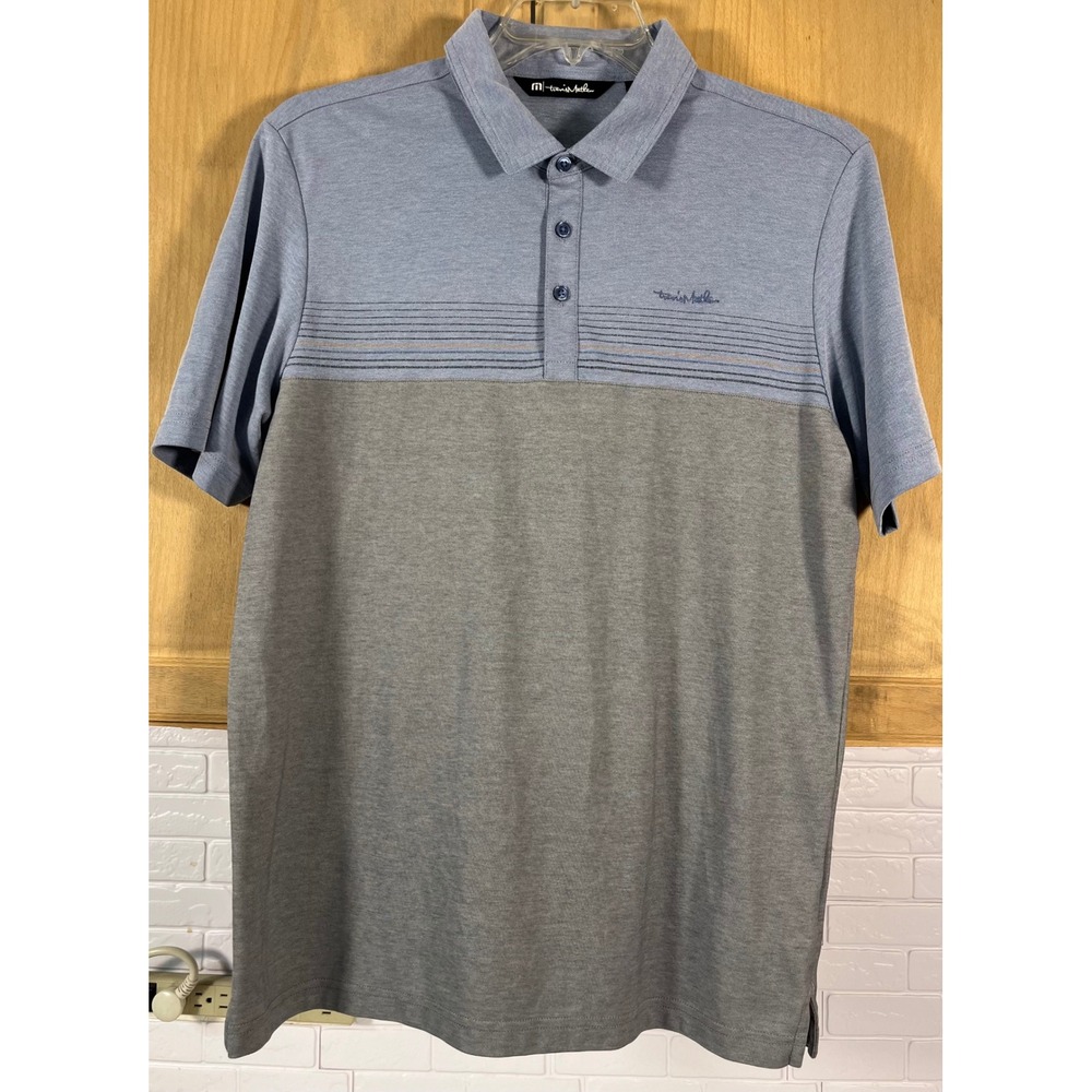 Travis Mathew Polo Shirt Mens Large‎ Blue Grey Striped Colorblock Golf